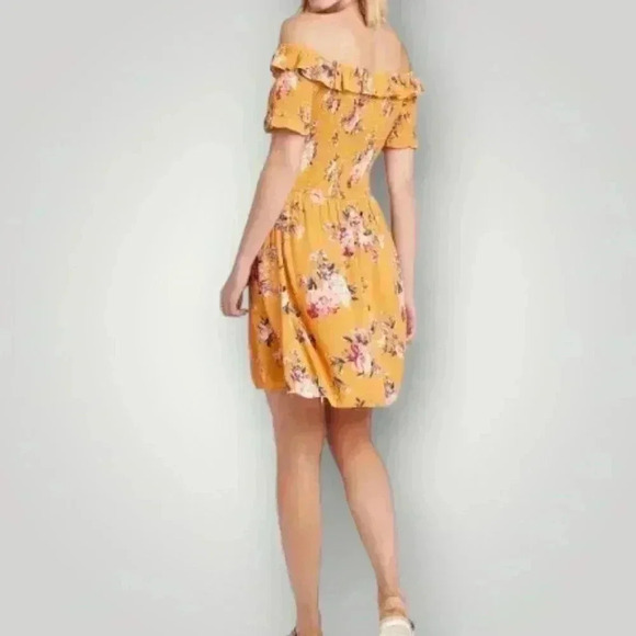 Xhilaration Yellow Floral Print Ruffled Smocked Bodice Off-Shoulder Mini Dress - Picture 3 of 14